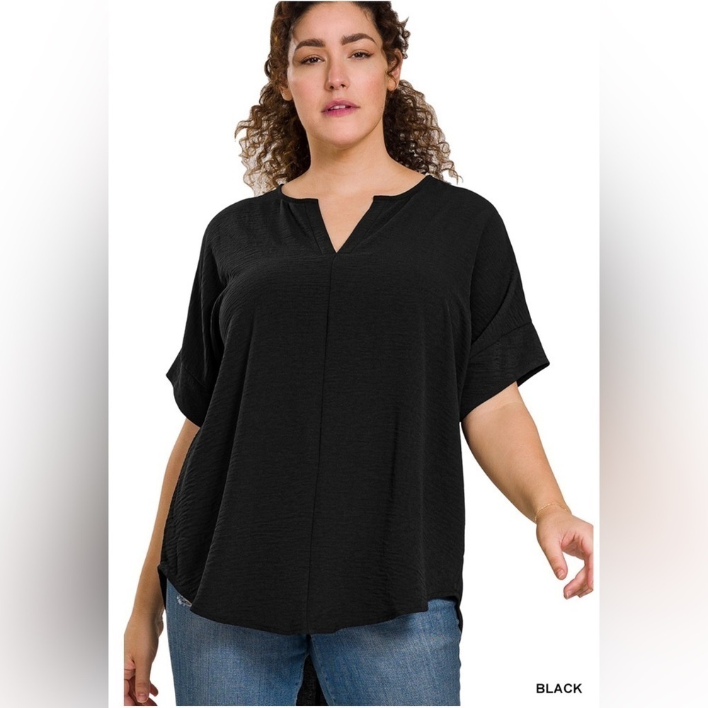 New! Plus Size Black Woven airflow split neck short sleeve top Size 1X 2X 3X